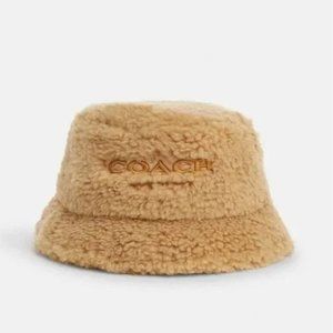Coach Sherpa Shearling Bucket Hat With Signature Jacquard Lining Caramel NWT